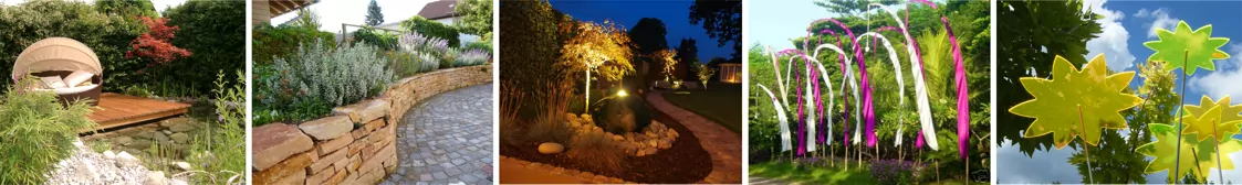 Gartenmöbel, Steinmauer, Quellstein mit Licht, Balifahnen, Sonnenfänger