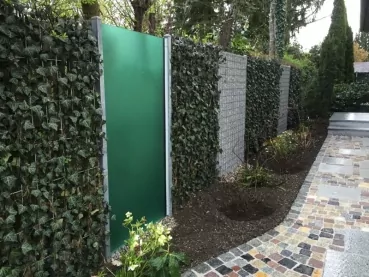 Hecke von Mobilane® als Zaun kombiniert mit farbigem Acrylglas und Gabionen.