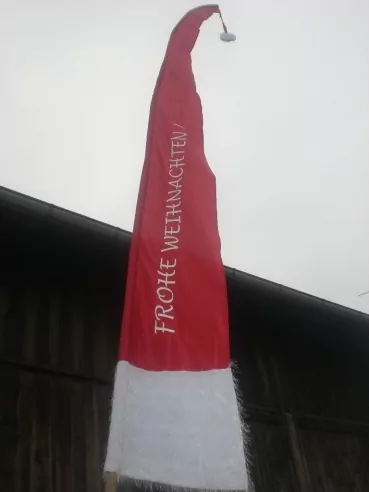 Weihnachtsfahne / Nikolausfahne 3.40 m (Plüsch / Fransen) mit Druck "Frohe Weihnachten ca. 1.50 m"