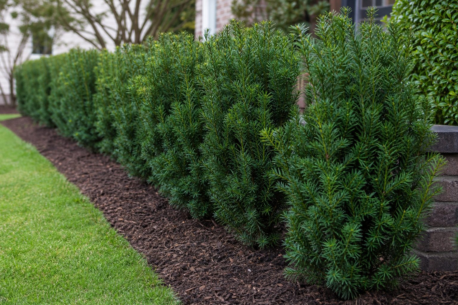 Frisch gepflanzte Eibe Premium Fertighecke im Garten