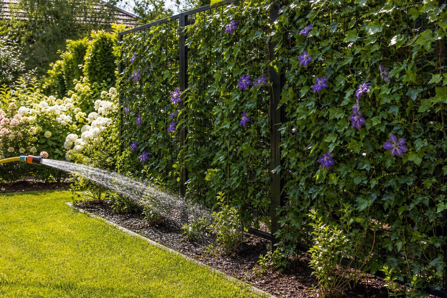 Frisch gepflanzte Efeu-Clematis Premium Fertighecke mit violetten Blüten wird gewässert