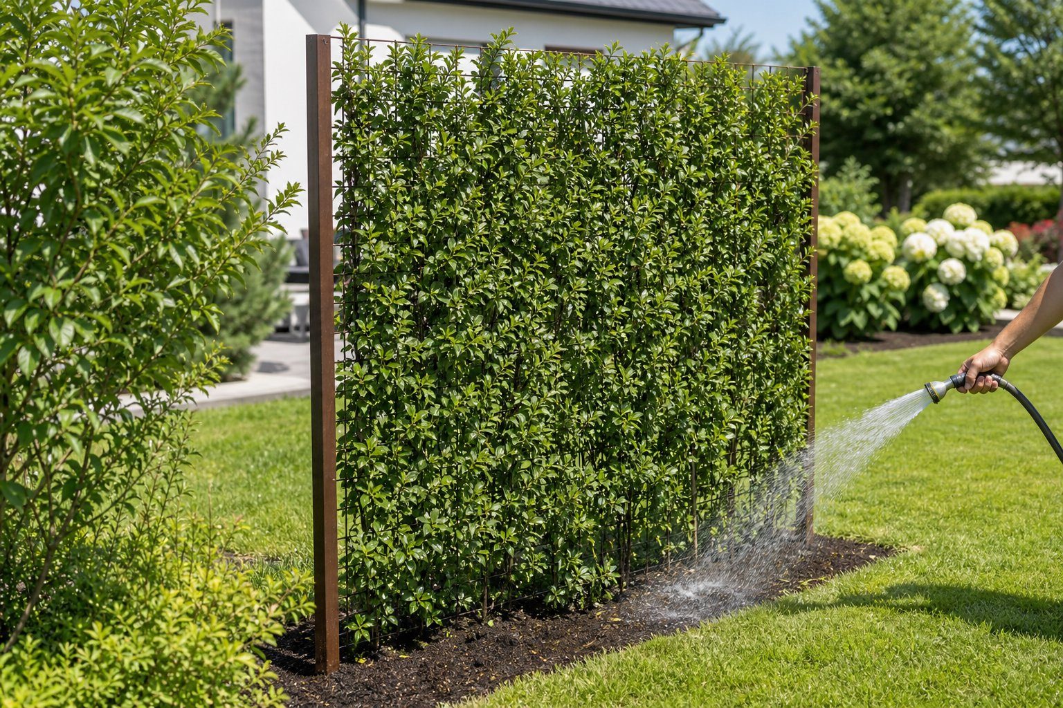 Frisch gepflanzte Euonymus Premium Fertighecke wird mit dem Gartenschlauch gewässert