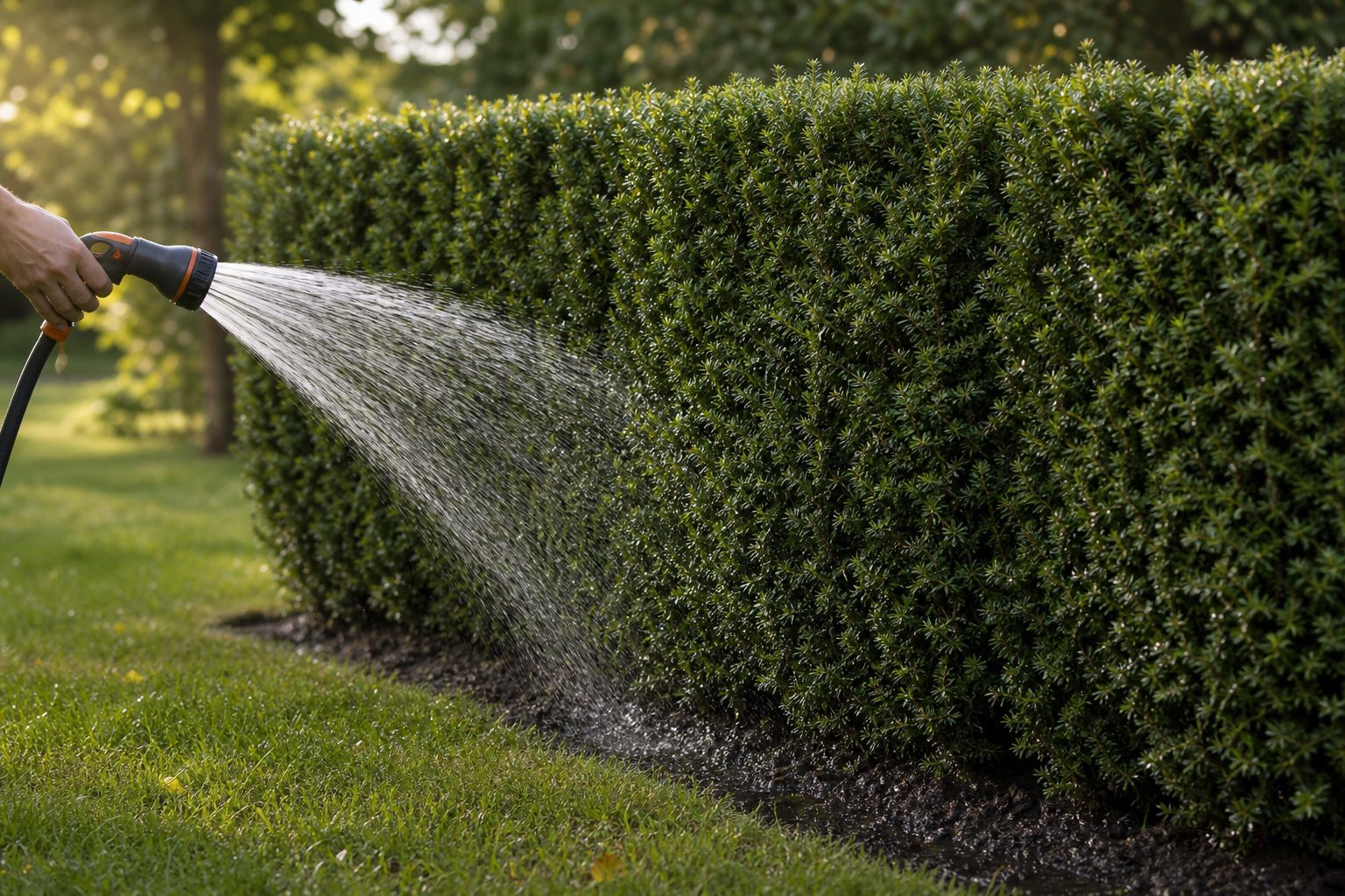 Frisch gepflanzte Eibe Premium Fertighecke wird mit dem Gartenschlauch gewässert