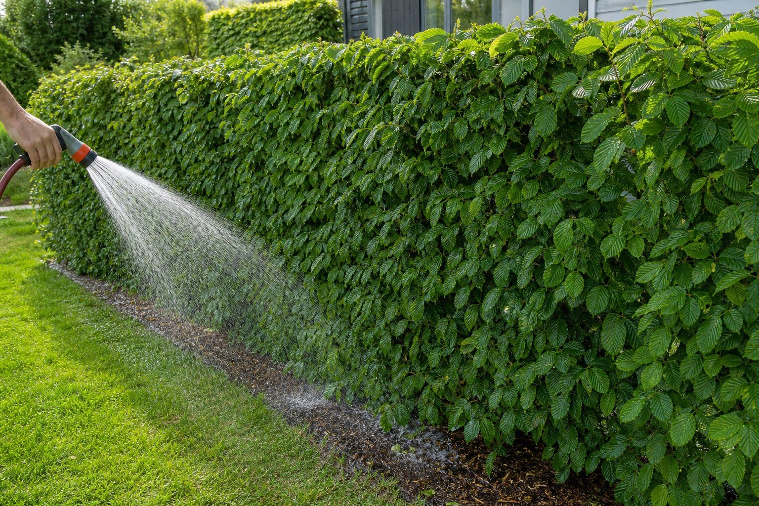 Frisch gepflanzte Hainbuchenhecke wird mit dem Gartenschlauch gewässert