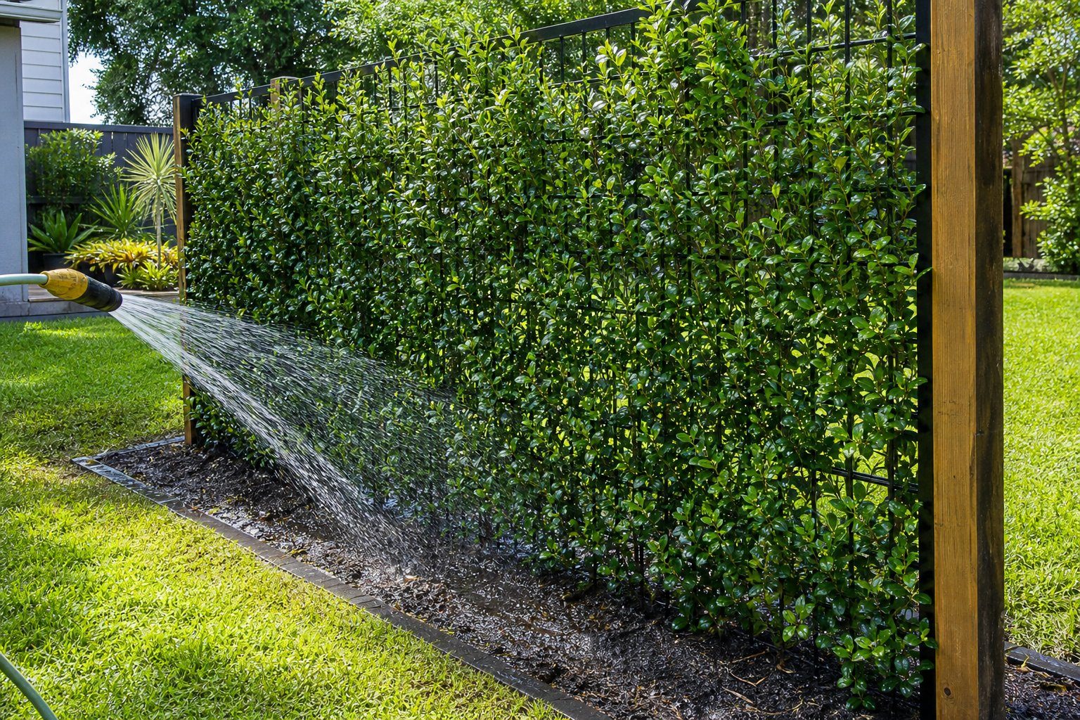 Frisch gepflanzte Feuerdorn Premium Fertighecke wird mit dem Gartenschlauch gewässert