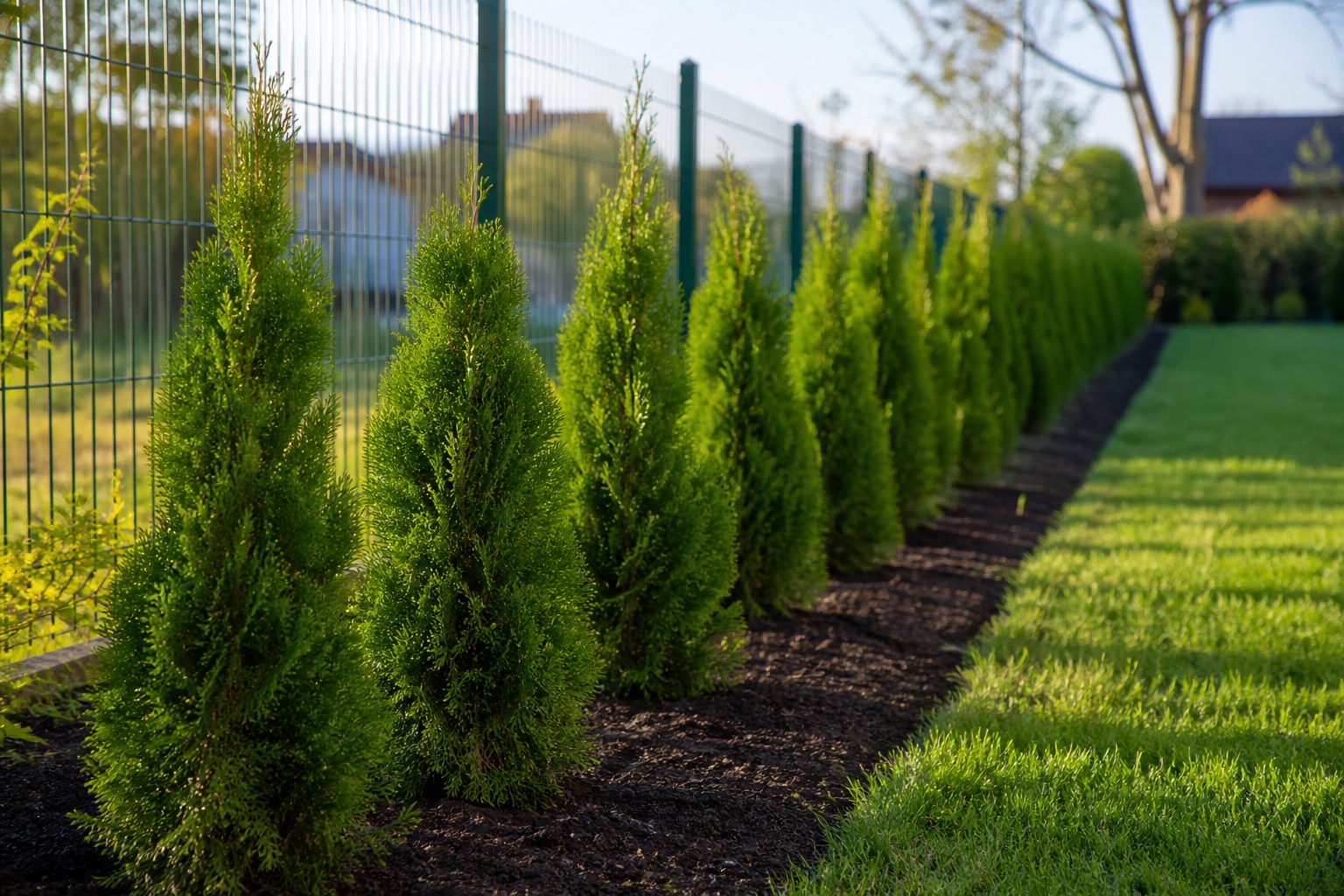 Frisch gepflanzte Thuja Smaragd Premium Fertighecke im Garten