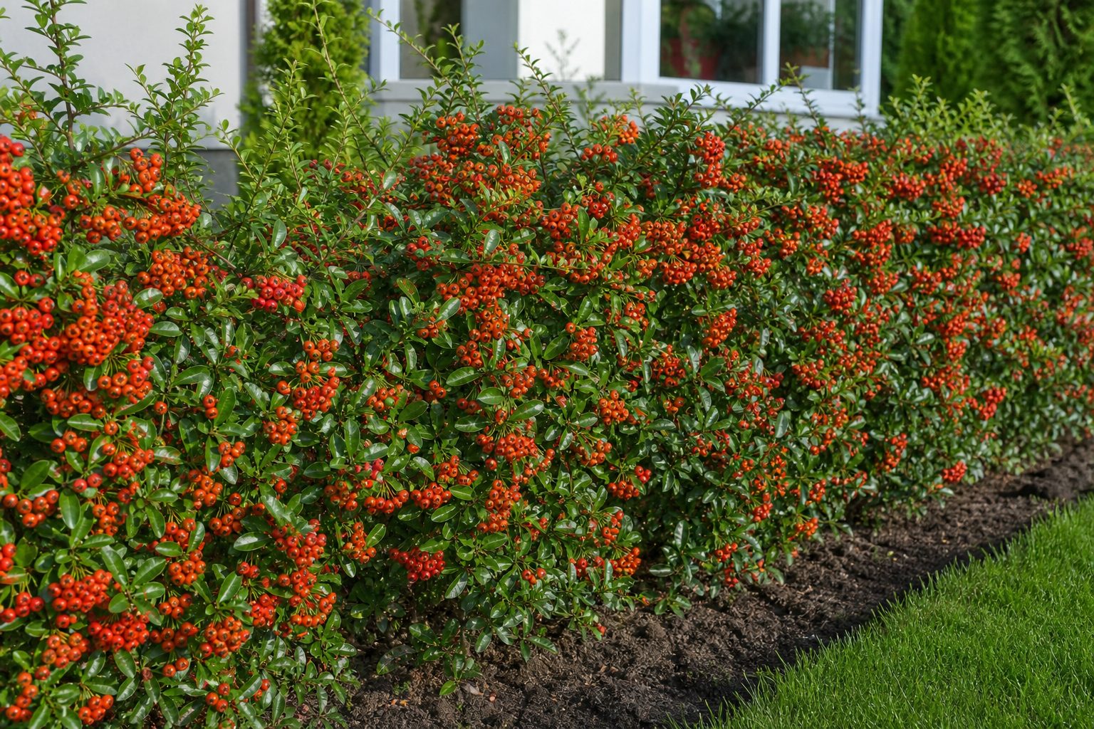 Feuerdorn Fertighecke mit orangeroten Beeren im Garten
