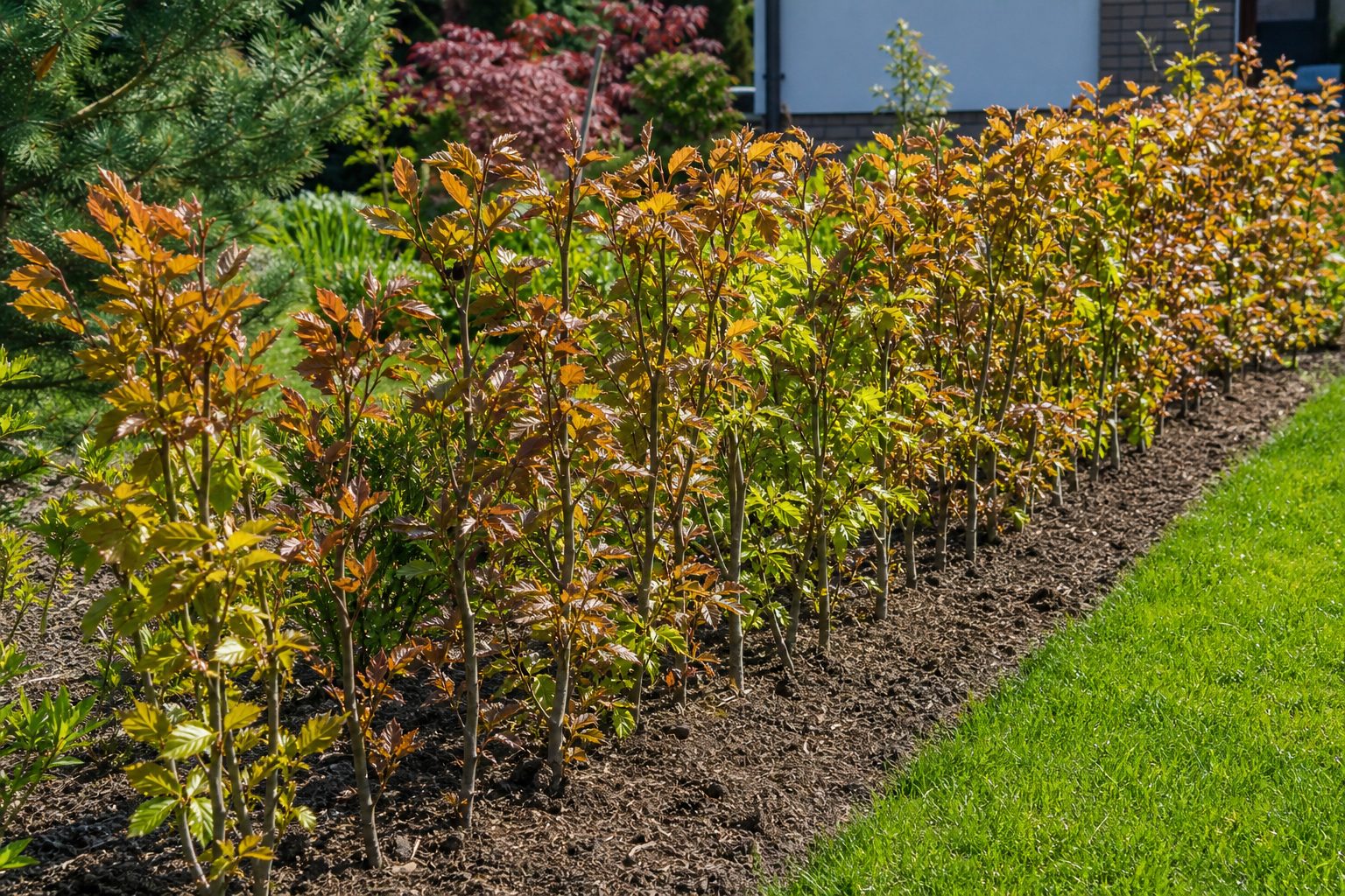 Frisch gepflanzte Rotbuchenhecke im Garten