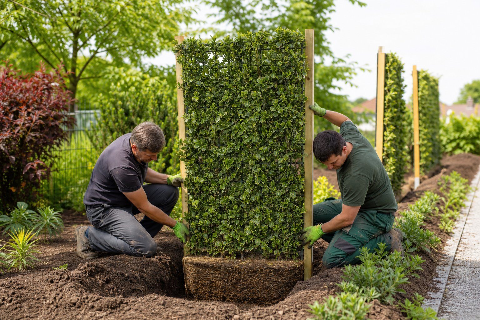Zwei Gärtner pflanzen ein Euonymus Premium Fertighecken-Element mit Rankgitter in einen Pflanzgraben