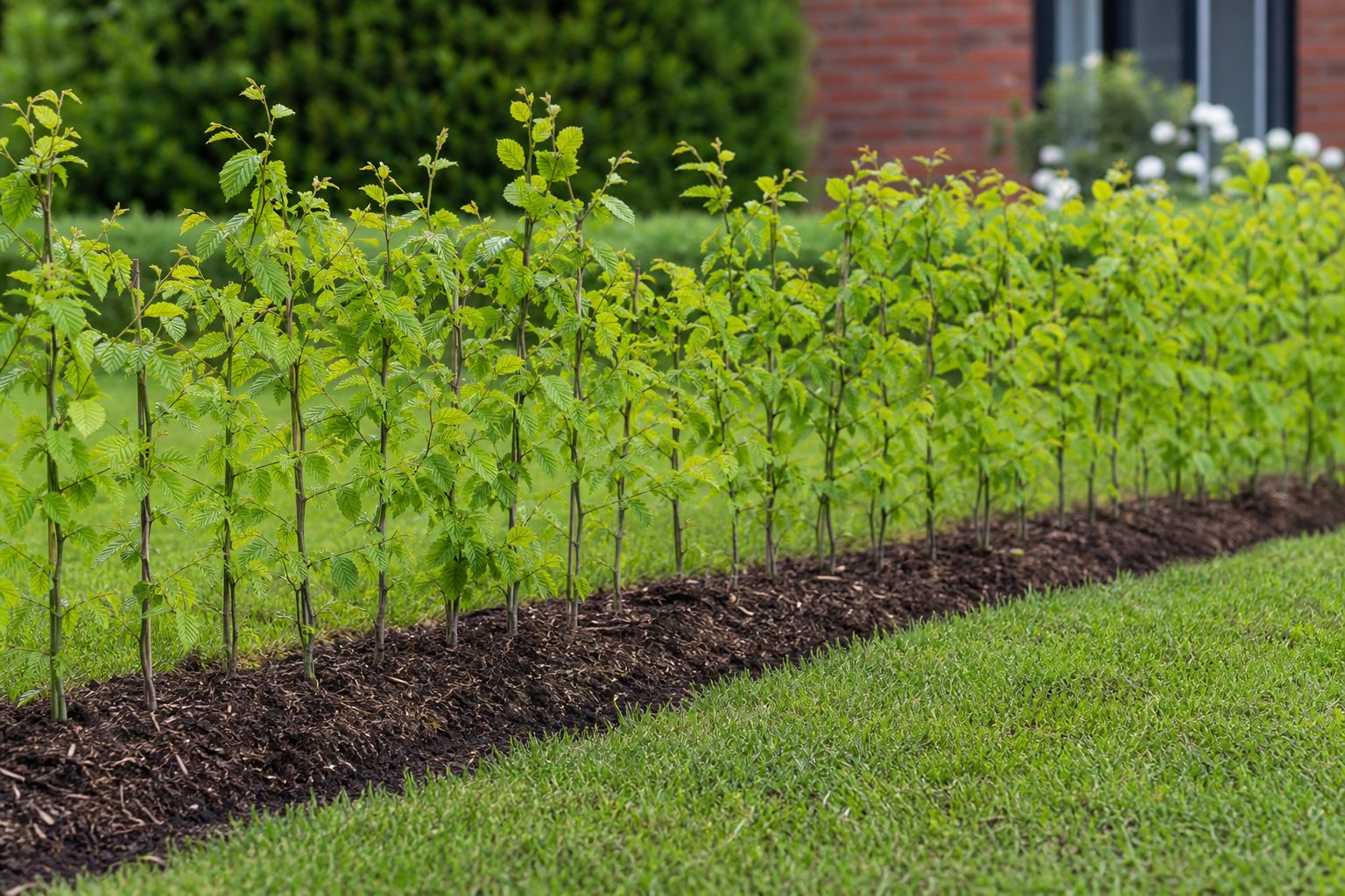 Frisch gepflanzte Hainbuchenhecke im Garten