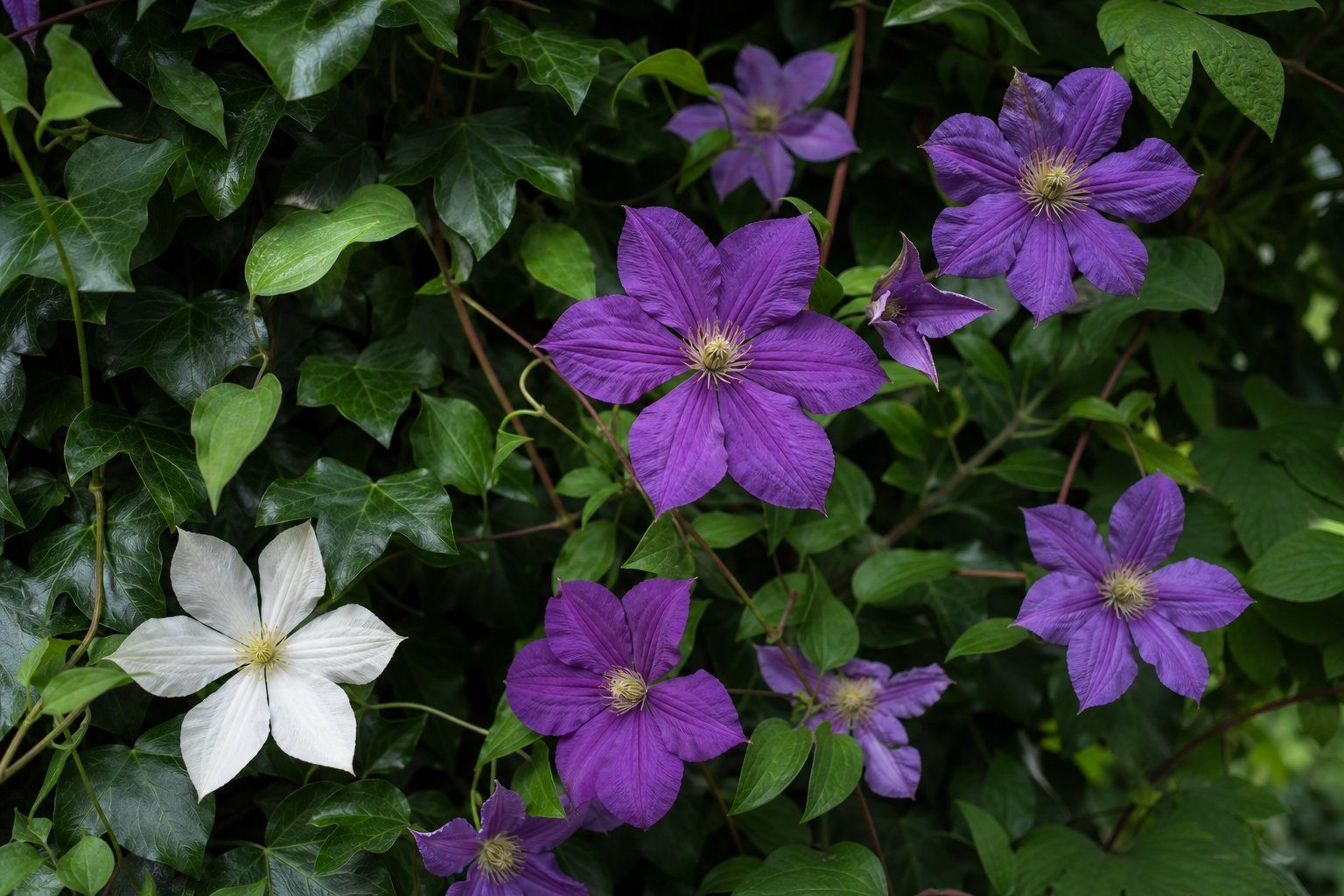 Violette und weiße Clematis-Blüten im dunkelgrünen Efeulaub einer Fertighecke