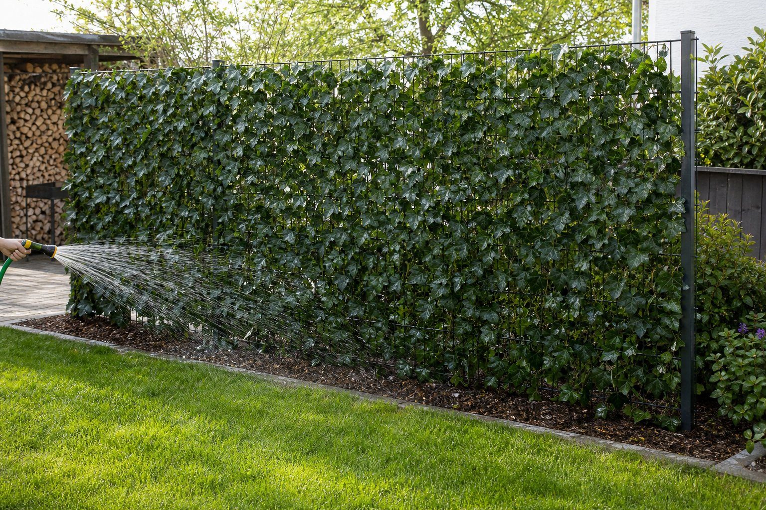 Frisch gepflanzte Efeu Premium Fertighecke wird mit dem Gartenschlauch gewässert