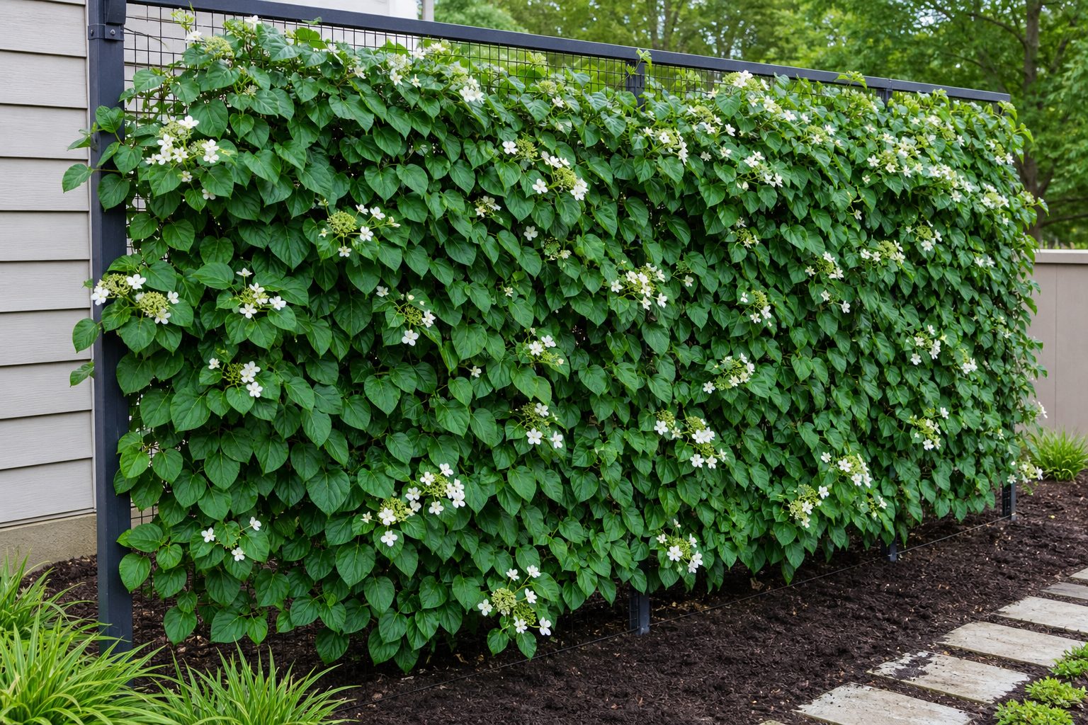 Frisch gepflanzte Kletter-Hortensie Fertighecke im Garten
