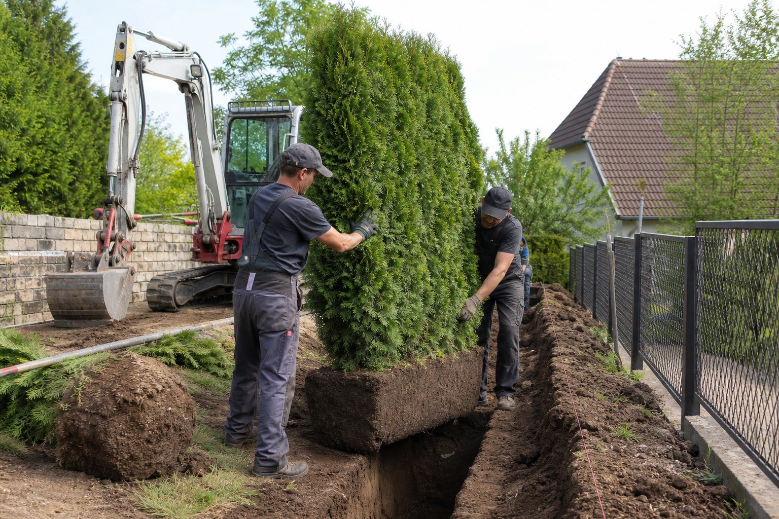 Gärtner pflanzen ein schweres Thuja-Smaragd-Heckenelement mit Minibagger in einen Pflanzgraben