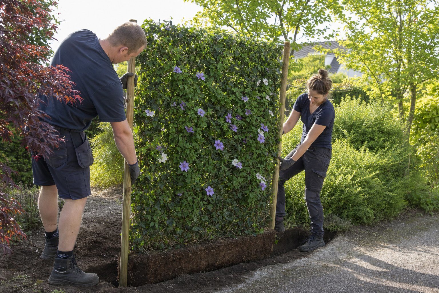 Zwei Gärtner pflanzen ein Efeu-Clematis Premium Fertighecken-Element mit Rankgitter in einen Pflanzgraben