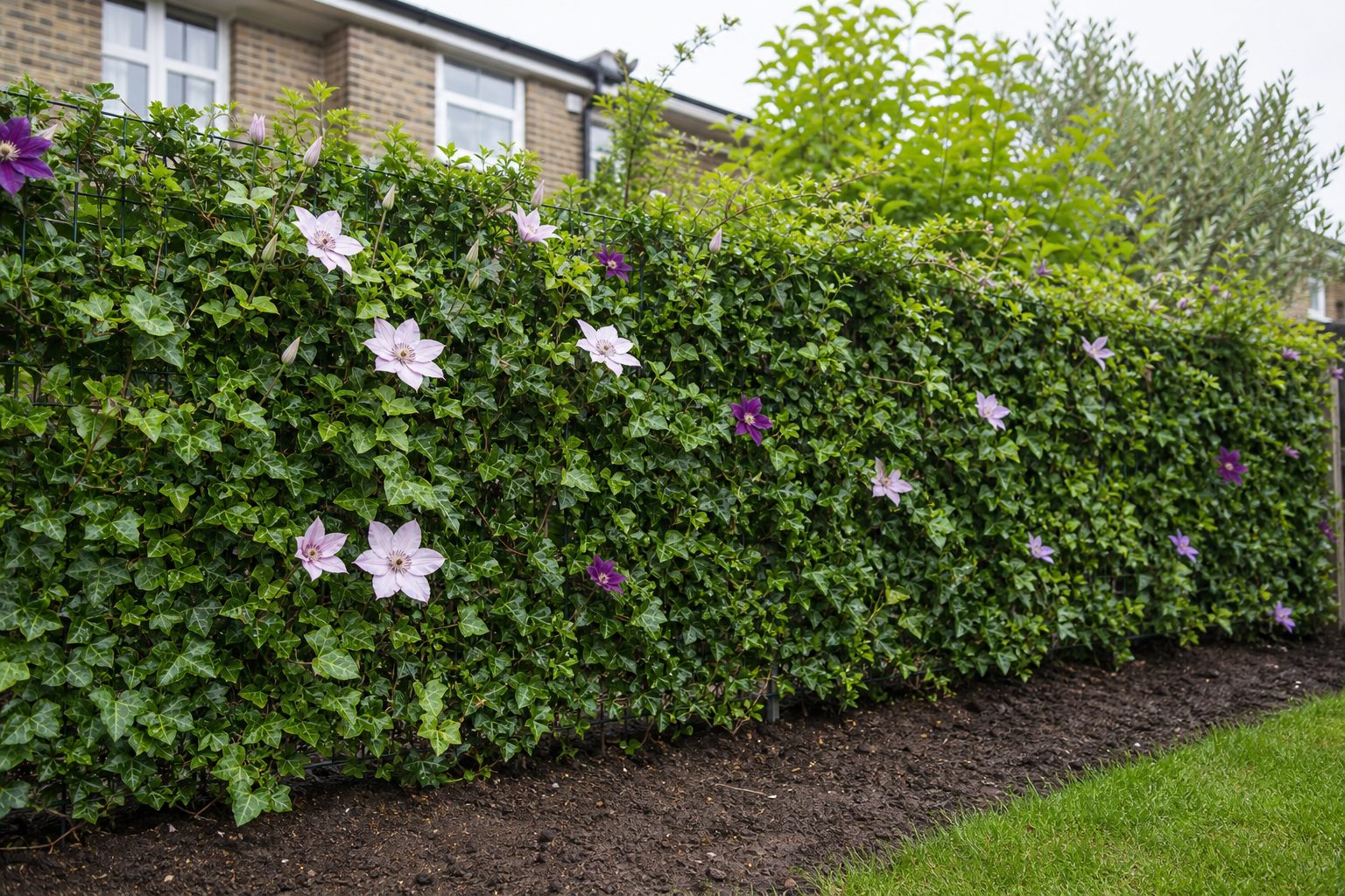 Efeu-Clematis Fertighecke mit Blüten im Garten