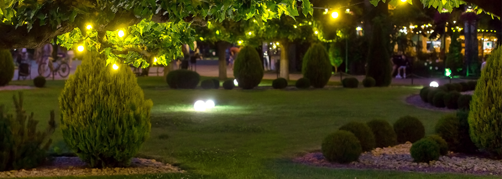 Beleuchteter Garten im dunkeln