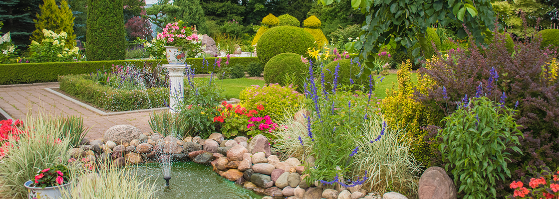 Schön gestalteter Garten verschiedene Blumen