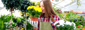 Frau riecht an einer gelben Blume und hält weiße Blume in der anderen Hand