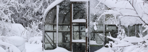 Glasseidenhaus bei schneebedecktem Wetter. Schneelasten können zum Einsturz von Gewächshäusern führen