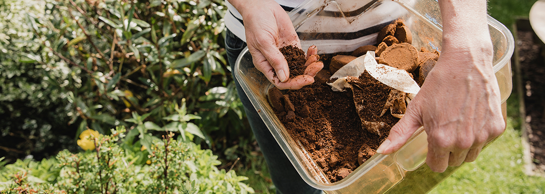 Unerkennbare Frau in Gelegenheitskleidung, die eine Schachtel gebrauchten Kaffees hält, um sie als Kompost in ihrem Garten zu verwenden.